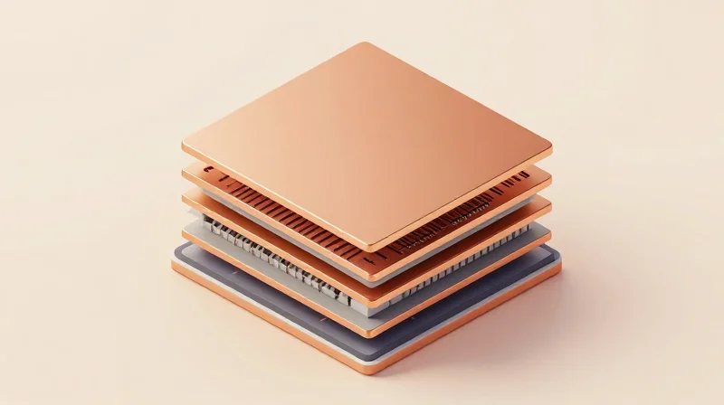 Isometric view of a multi-layer PCB stack-up with internal conductive layers