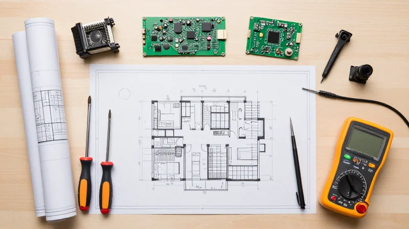 Top-down view of an engineering desk with circuit boards and design tools