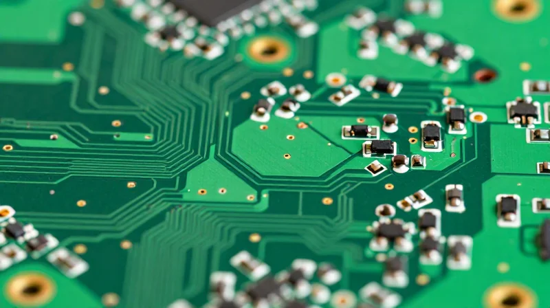 Close-up of a traditional rigid green PCB motherboard with dense wiring and bulky components