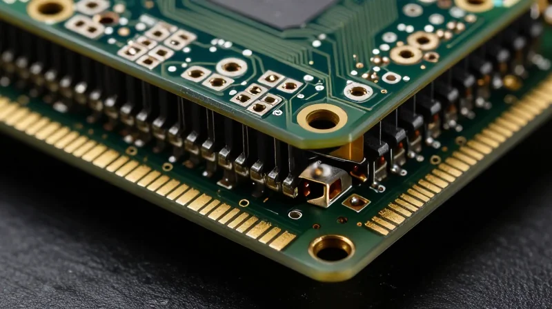 Microscopic view of high-precision micro-vias and multi-layer circuit board cross-section