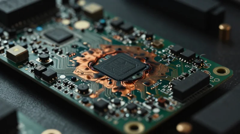 A close-up view of an overheated printed circuit board showing thermal damage patterns.