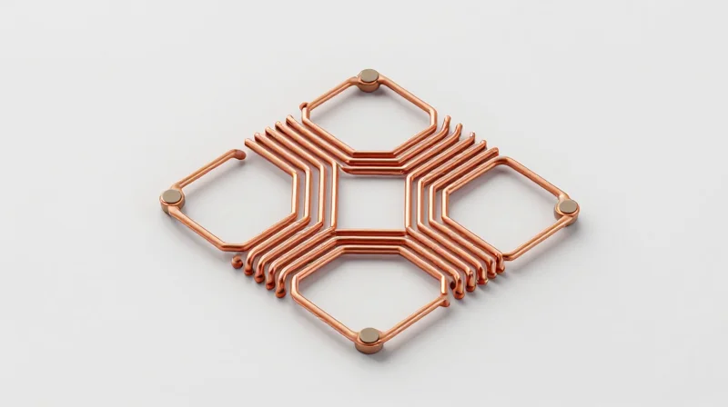 Isometric view of high-capacity copper traces on a PCB designed for heavy current.