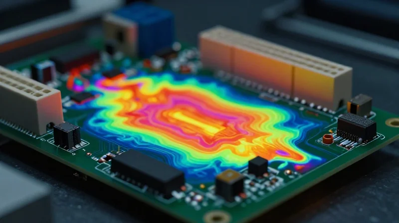 Thermal imaging of a printed circuit board showing hot spots and heat degradation.