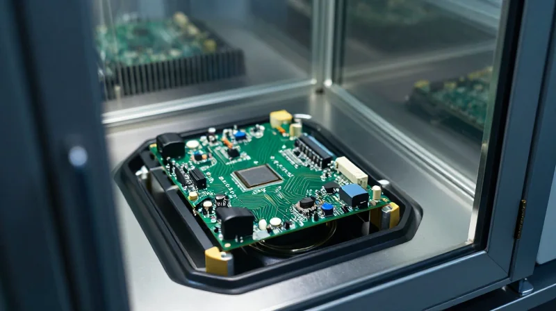 A circuit board inside a stress testing chamber.