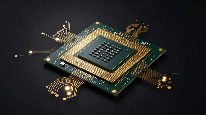 An advanced microprocessor circuit board representing the brain of an electric wheelchair, with glowing pathways.