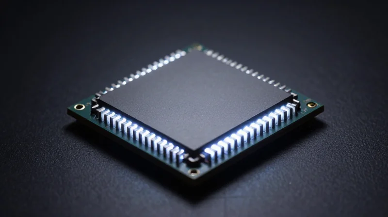 A close-up of a high-performance semiconductor chip demonstrating heat dissipation and power density.