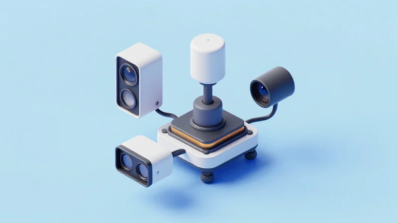 An isometric 3D visualization showing a network of sensors connected to a central control unit for collision avoidance.