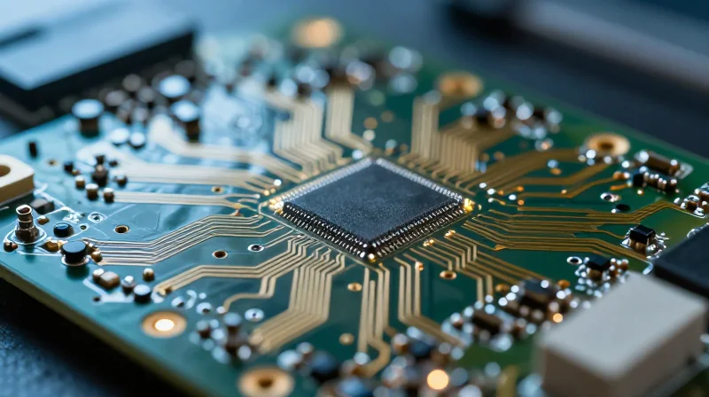 A close-up of a high-precision medical circuit board with glowing electronic paths, symbolizing the nervous system of a blood pressure device.