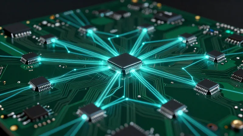 A visual flow of digital data connecting individual microchips on a circuit board, representing end-to-end traceability.