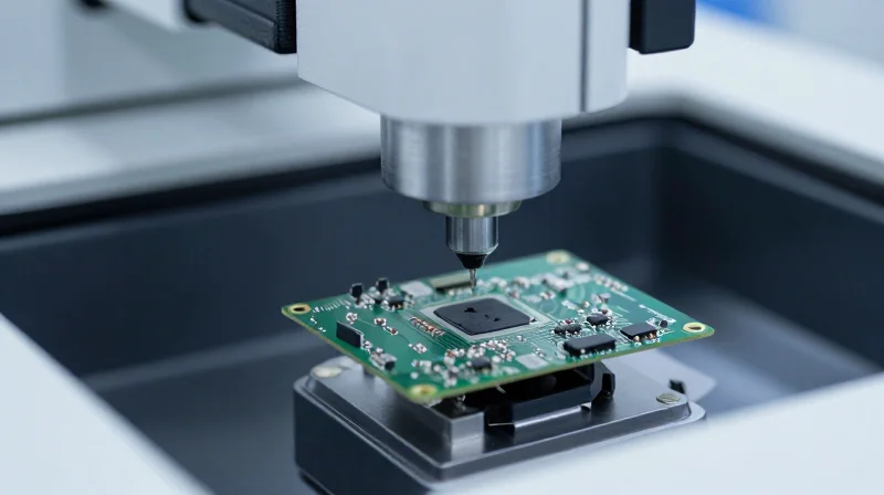 A close-up of a microscopic inspection of solder joints on a PCB, emphasizing precision.