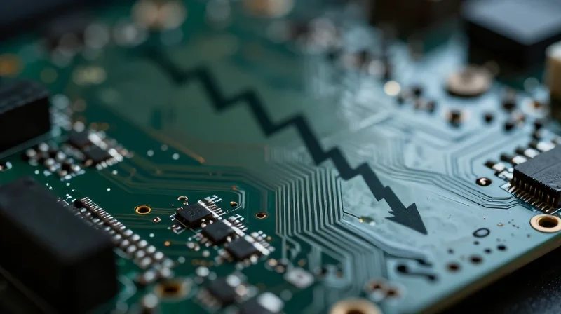 A close-up of a damaged circuit board component with a shadow looming over it, representing hidden financial risks.