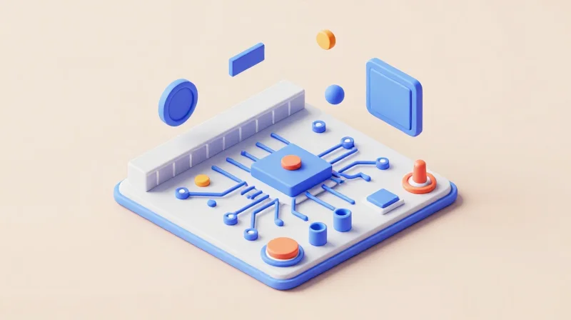 A 3D isometric representation of a complex circuit design merging into a manufacturing production line.