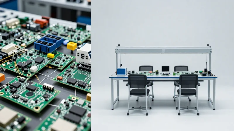 Side-by-side comparison of a cluttered PCB production line versus an optimized, streamlined process.