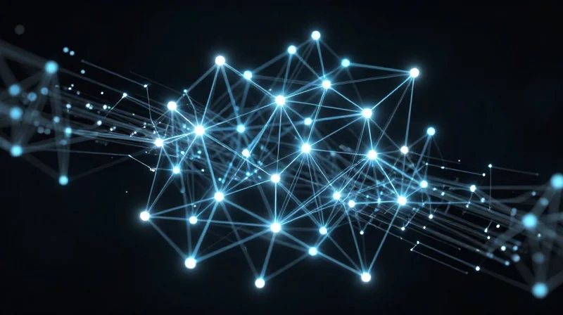 Abstract digital nodes glowing and connecting to form a secure supply chain network.
