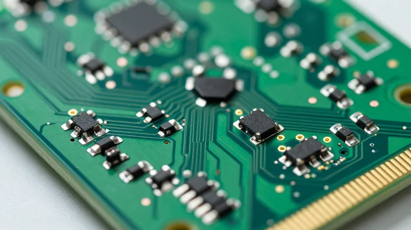 Top-down view of a high-precision medical grade PCBA board with intricate traces and electronic components