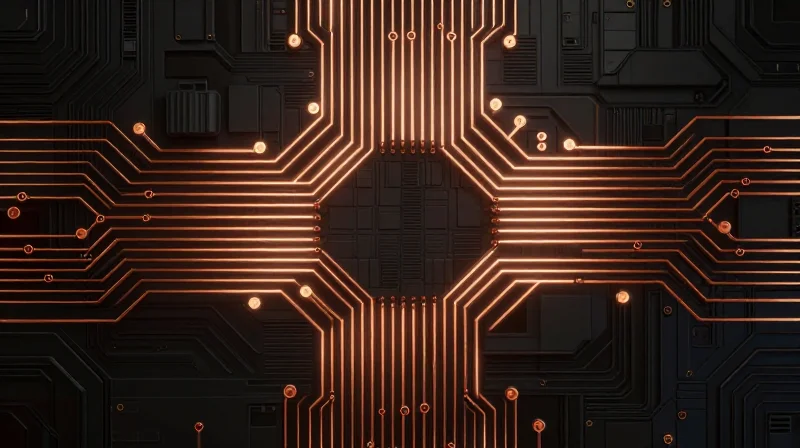 Abstract representation of high-speed differential pair traces on a PCB with glowing paths