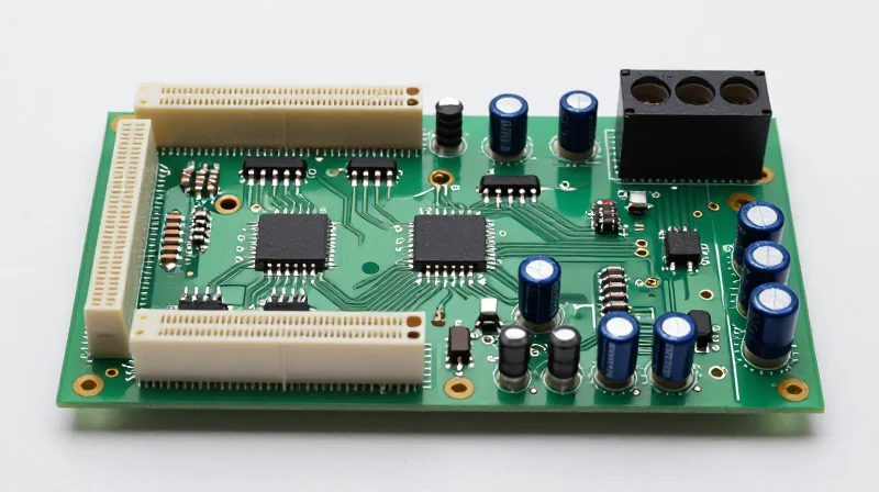 A close-up view of a complex analog PCBA with discrete components like resistors, capacitors, and op-amps