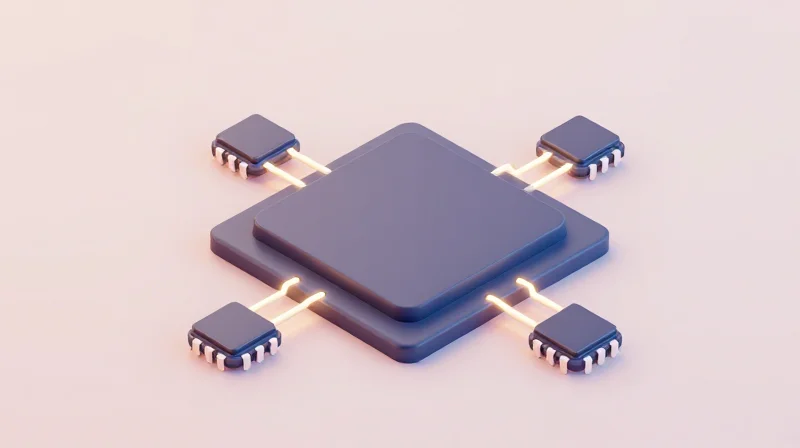 Isometric 3D representation of a modern System-on-Chip architecture on a circuit board