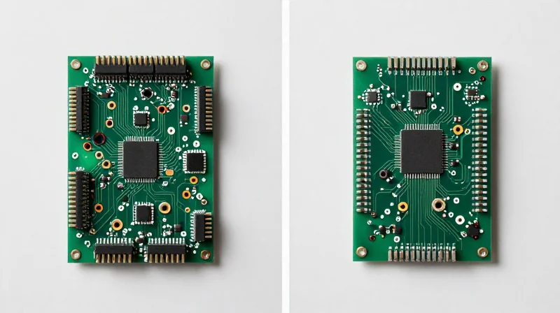 A side-by-side comparison of a bulky legacy circuit board and a compact modern IoT circuit board