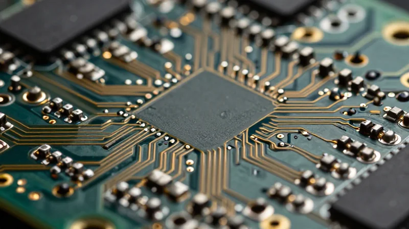 A close-up view of an intricate high-density interconnect PCB showing complex micro-via architectures and metallic circuit pathways