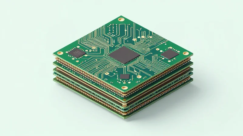 Isometric 3D representation of a multi-layer PCB stack-up showcasing miniaturized internal circuitry