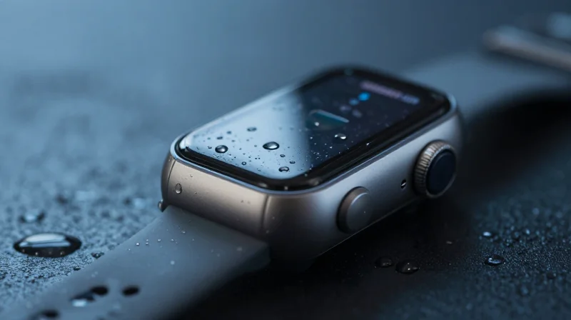 Conceptual image of a wearable fitness tracker circuit exposed to moisture and environmental stress