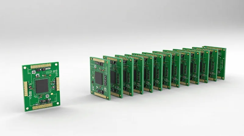 A transition visualization showing a single PCB prototype evolving into a seamless row of manufactured units