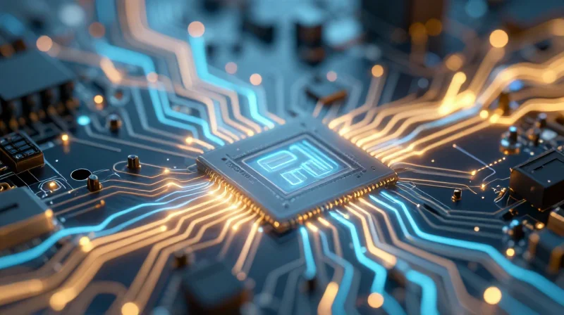 3D visualization of electrical current flowing through a compact PCB path.