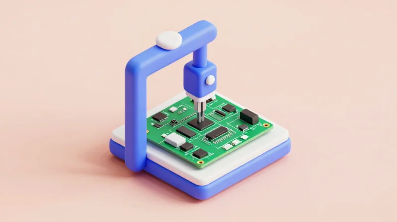 Isometric view of a modern electronics fabrication setup with micro-modules.