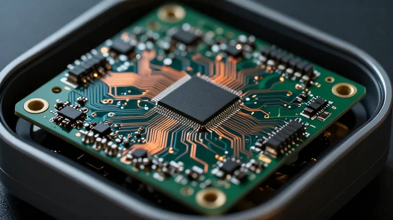 A close-up view of a modern compact HDI circuit board inside a wearable device silhouette