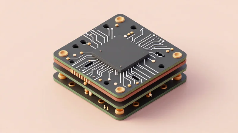 A 3D cross-section illustration showing microvia structure in a PCB