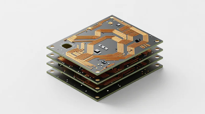 Exploded view of a PCB stack-up design displaying thermal layers and signal paths