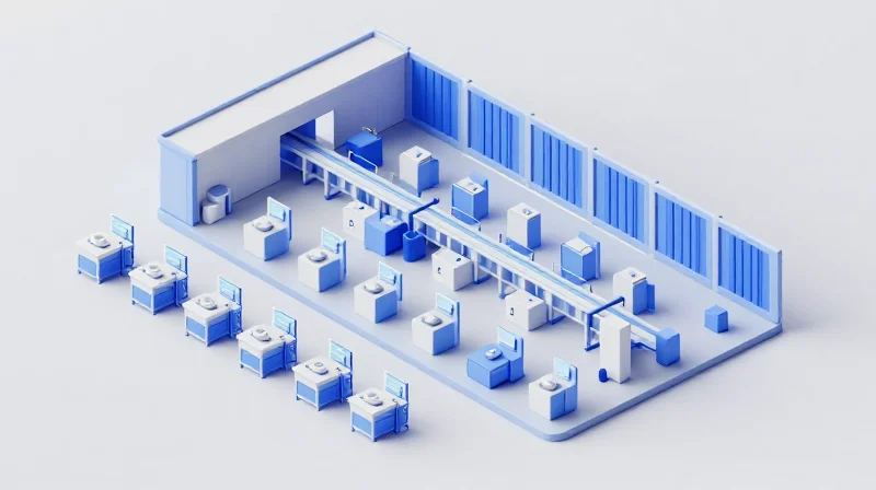 An isometric view of a modular manufacturing assembly line transitioning from small prototypes to large-scale production.