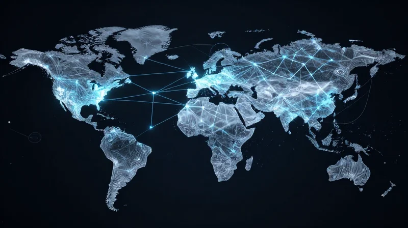 A visual concept showing connected nodes and glowing pathways representing a transparent supply chain network.