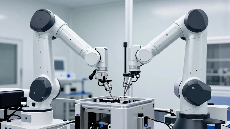 Modern clean room facility showing advanced robotic assembly of medical devices