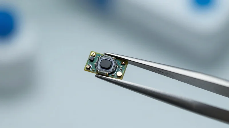 A highly detailed close-up of a tiny, sophisticated wearable medical sensor held by tweezers, showcasing intricate micro-circuitry.