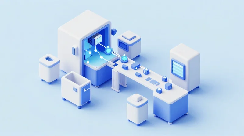 Isometric 3D view of a modern clean-room assembly line showing various medical device components being integrated into a finished unit.