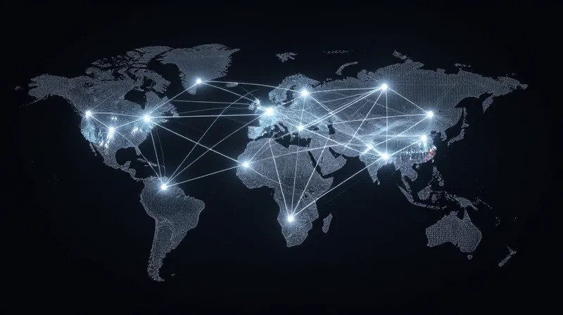 Abstract visualization of a global supply chain network showing interconnected nodes across a world map layout.