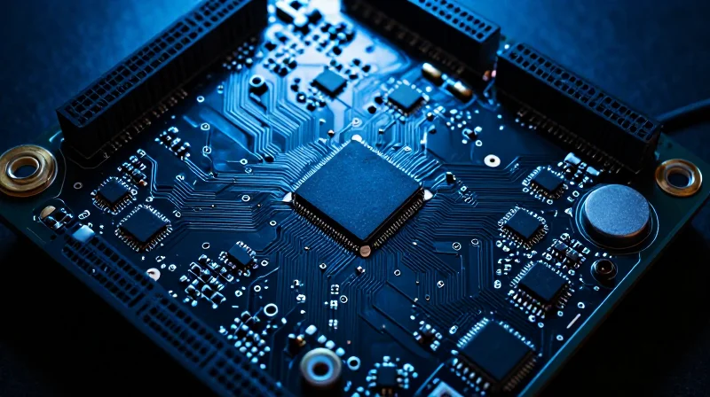 A close-up view of a high-tech smart home IoT gateway circuit board showing intricate electronic components and connectivity pathways.
