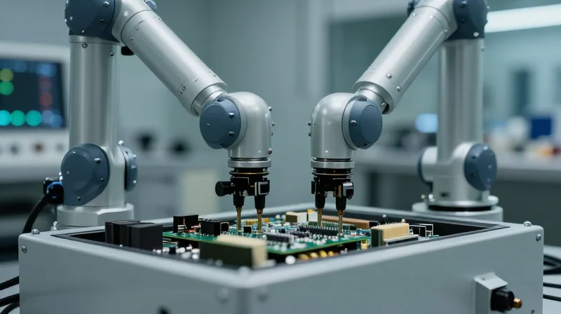 A conceptual image representing professional industrial quality assurance and testing equipment in a clean manufacturing environment.