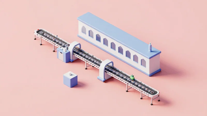An isometric representation of a modular automated manufacturing line expanding from a single unit to mass production.