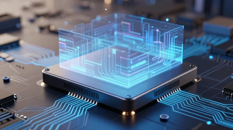 A sleek, high-tech abstract visualization of a printed circuit board being developed with precision engineering tools and glowing light paths, representing the efficiency of DFM in IoT design.