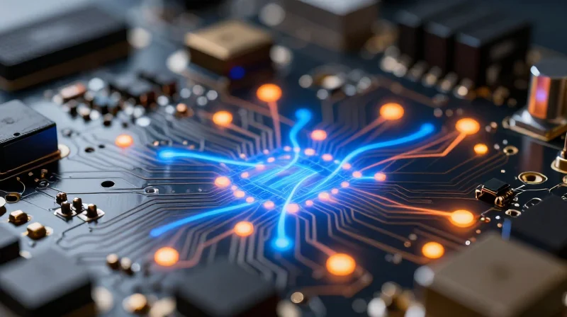 Heat distribution conceptual visualization showing thermal paths and heat sinks on a dense electronic component board.