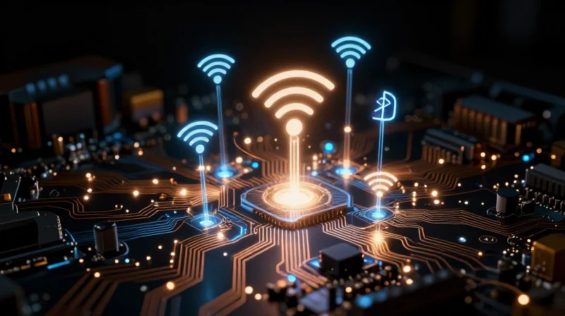 Abstract representation of multi-protocol wireless signal waves interacting with a circuit board.