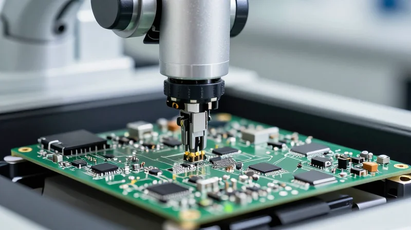 A close-up view of microscopic electronic components being precisely placed on a PCB surface.