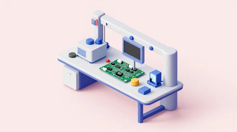 Isometric 3D model showing a testing platform for circuit board quality assurance.