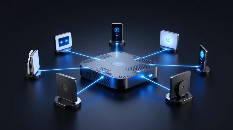An abstract representation of a smart home gateway evolving from a simple bridge to an intelligent hub