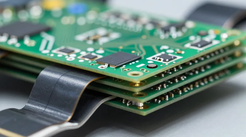 A close-up of a high-tech rigid-flex printed circuit board showing intricate layered structure