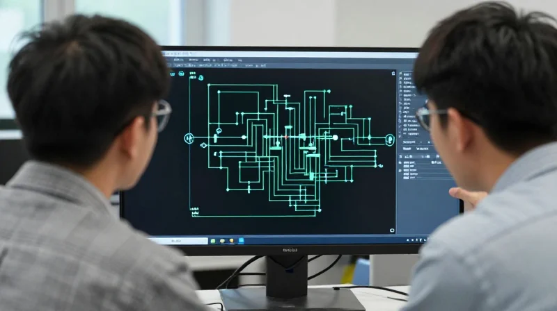 Two professional engineers reviewing a complex circuit design on a digital screen