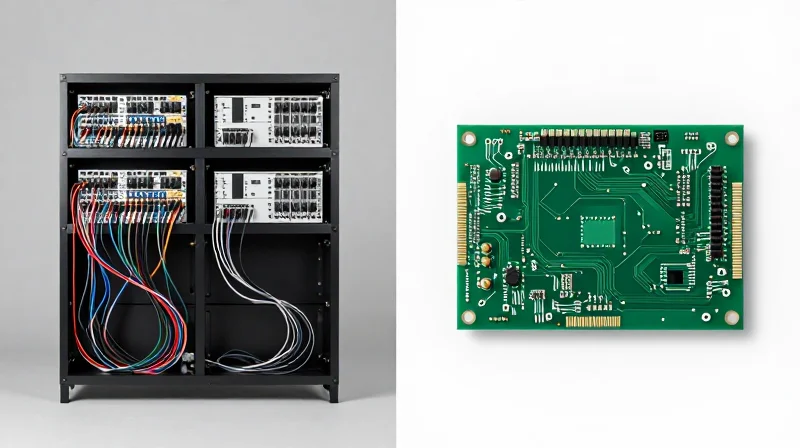 Comparison showing a complex multi-board system vs a single streamlined rigid-flex unit